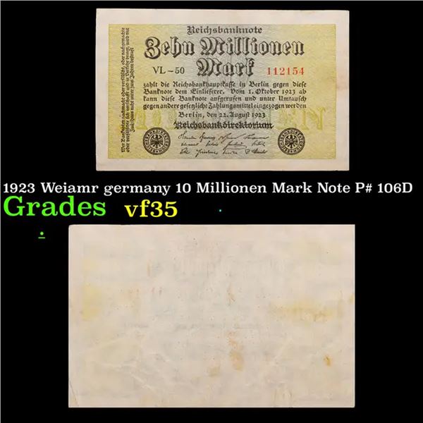 1923 Weimar Germany 10 Millionen Mark Note P# 106D Grades vf++