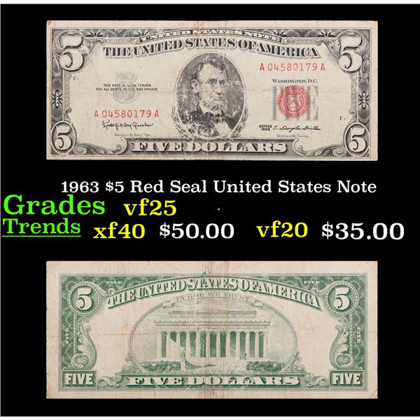 1963 $5 Red Seal United States Note Grades vf+