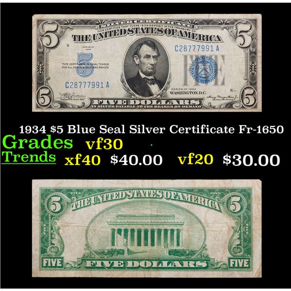 1934 $5 Blue Seal Silver Certificate Fr-1650 Grades vf++