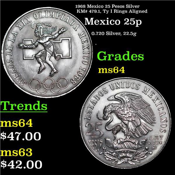 1968 Mexico 25 Pesos Silver KM# 479.1, Ty I Rings Aligned Grades Choice Unc
