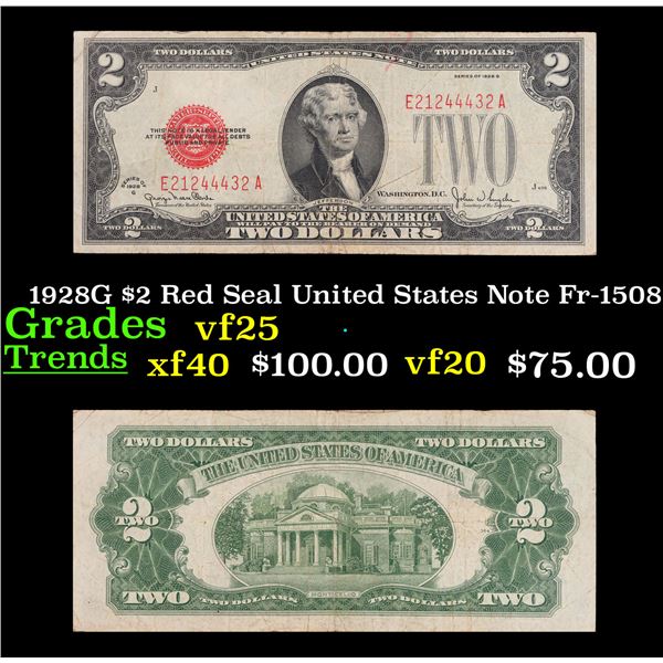 1928G $2 Red Seal United States Note Fr-1508 Grades vf+