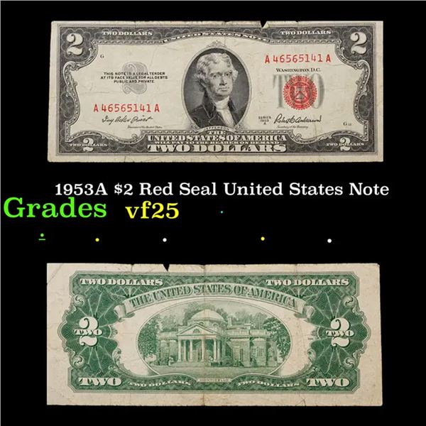 1953A $2 Red Seal United States Note Grades vf+
