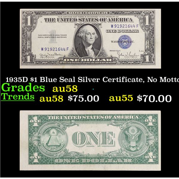 1935D $1 Blue Seal Silver Certificate, No Motto Grades Choice AU/BU Slider