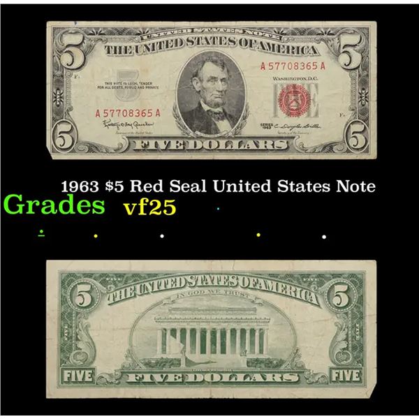 1963 $5 Red Seal United States Note Grades vf+