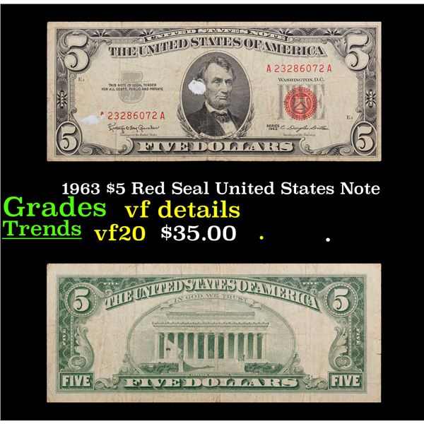 1963 $5 Red Seal United States Note Grades vf details