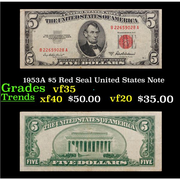 1953A $5 Red Seal United States Note Grades vf++