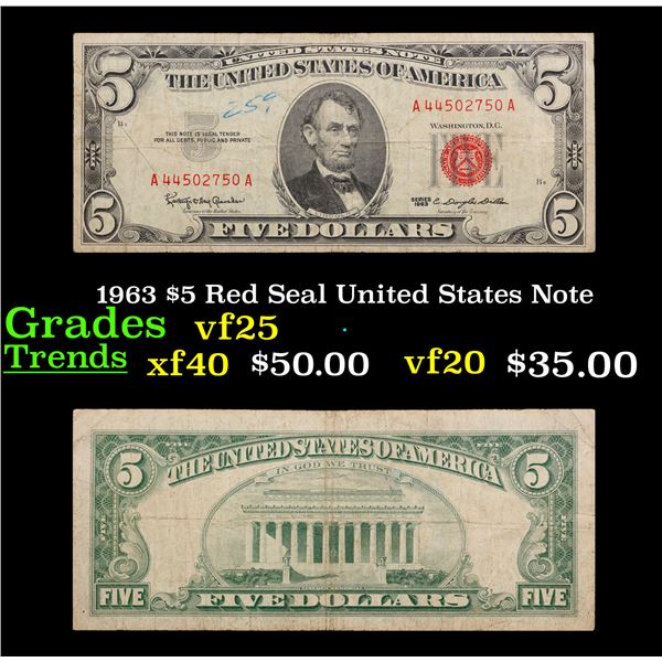 1963 $5 Red Seal United States Note Grades vf+