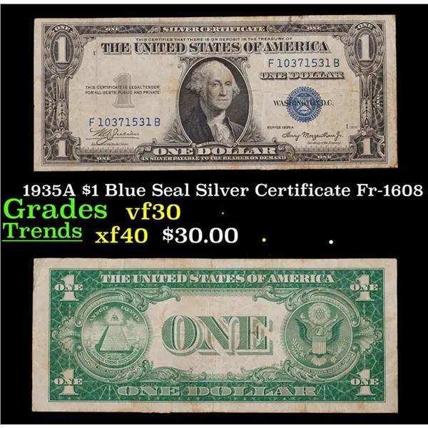 1935A $1 Blue Seal Silver Certificate Fr-1608 Grades vf++