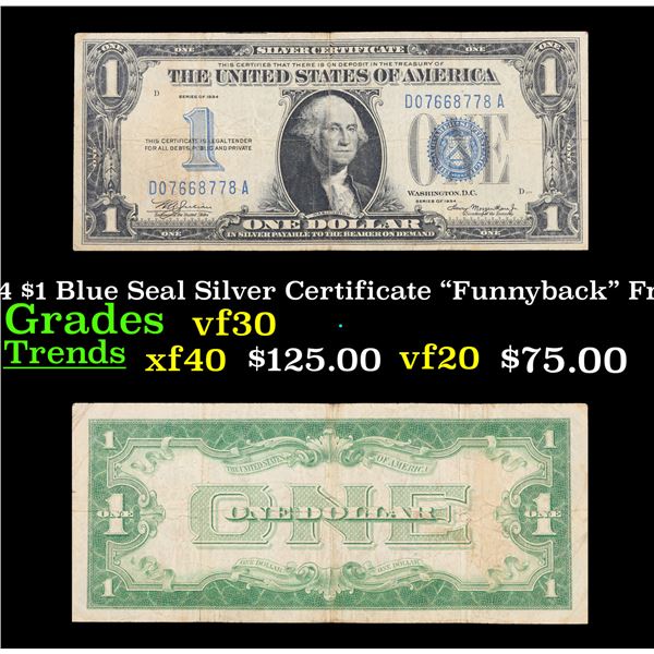 1934 $1 Blue Seal Silver Certificate "Funnyback" Fr-1606 Grades vf++