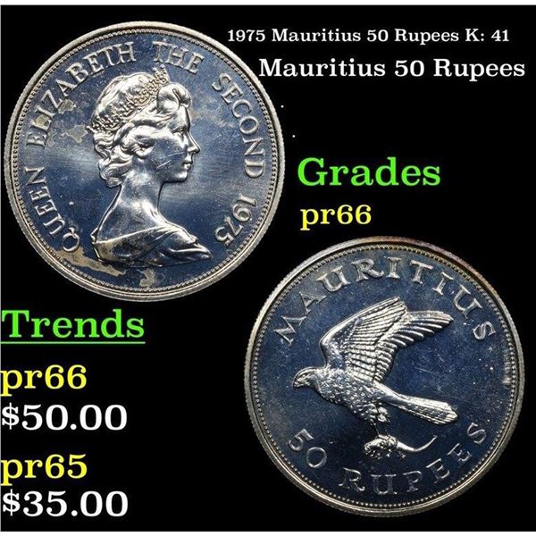 Proof 1975 Mauritius 50 Rupees K: 41 Grades GEM+ Proof