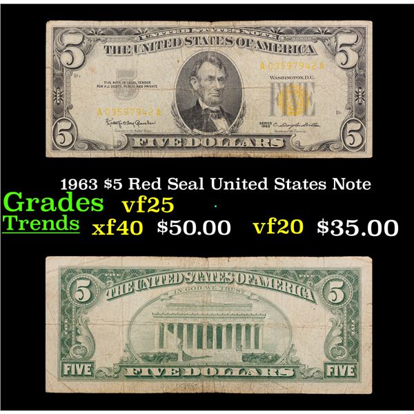 1963 $5 Red Seal United States Note Grades vf+