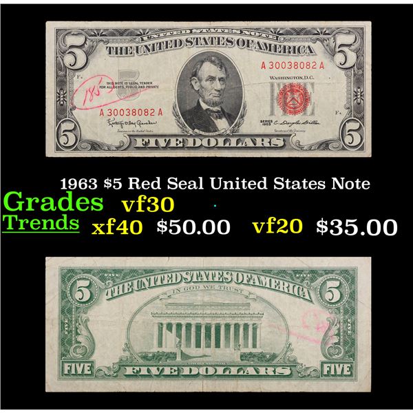 1963 $5 Red Seal United States Note Grades vf++