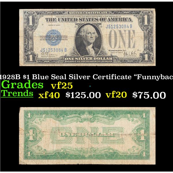 1928B $1 Blue Seal Silver Certificate "Funnyback" Grades vf+