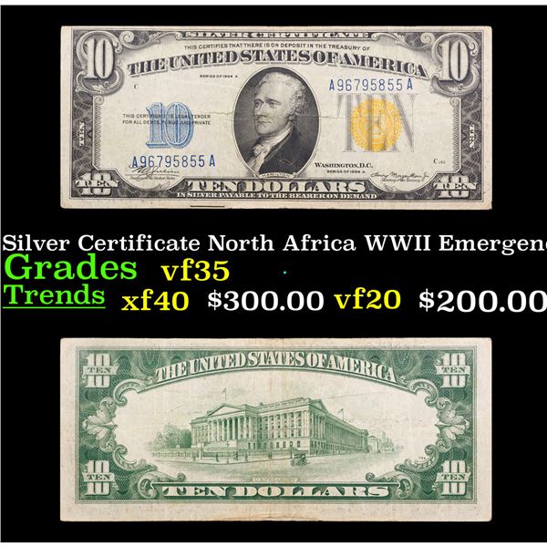 1934A $10 Silver Certificate North Africa WWII Emergency Currency Grades vf++