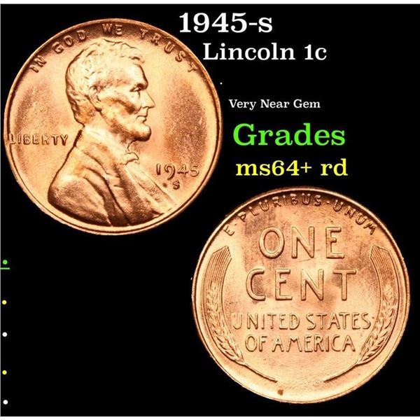 1945-s Lincoln Cent 1c Grades Choice+ Unc RD