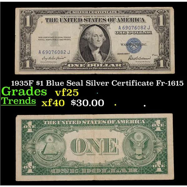 1935F $1 Blue Seal Silver Certificate Fr-1615 Grades vf+
