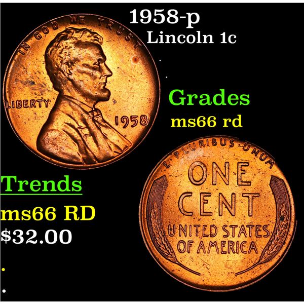 1958-p Lincoln Cent 1c Grades GEM+ Unc RD