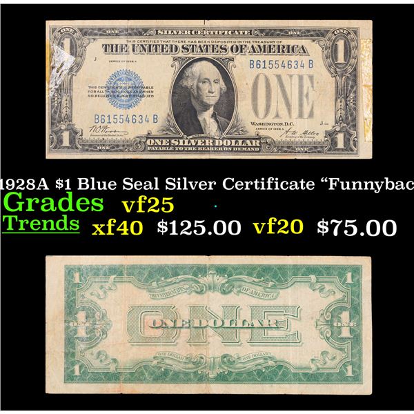 1928A $1 Blue Seal Silver Certificate "Funnyback" Grades vf+