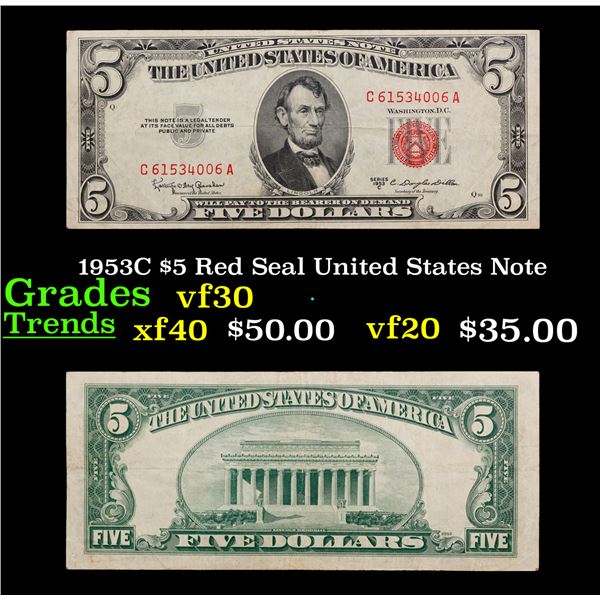 1953C $5 Red Seal United States Note Grades vf++