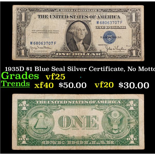 1935D $1 Blue Seal Silver Certificate, No Motto Grades vf+