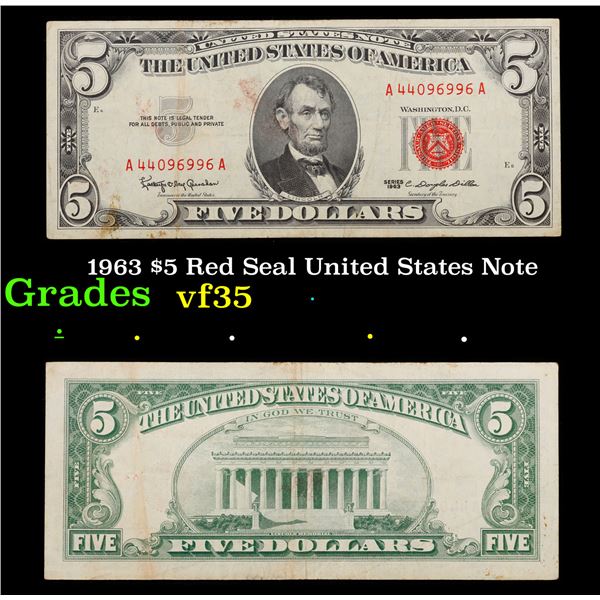1963 $5 Red Seal United States Note Grades vf++