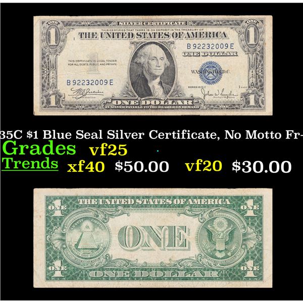 1935C $1 Blue Seal Silver Certificate, No Motto Fr-1612 Grades vf+