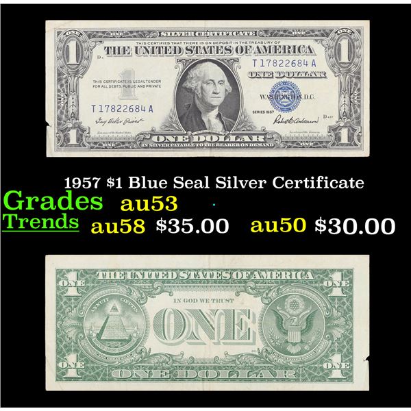 1957 $1 Blue Seal Silver Certificate Grades Select AU