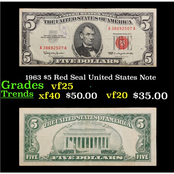 1963 $5 Red Seal United States Note Grades vf+