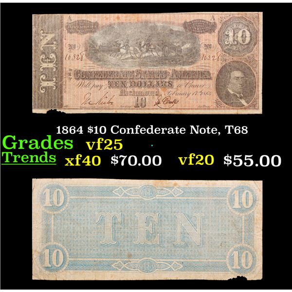 1864 $10 Confederate Note, T68 Grades vf+