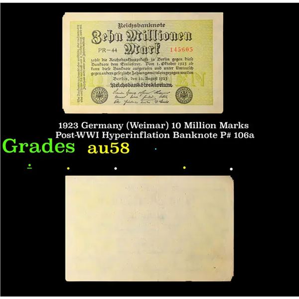 1923 Germany (Weimar) 10 Million Marks Post-WWI Hyperinflation Banknote P# 106a Grades Choice AU/BU 