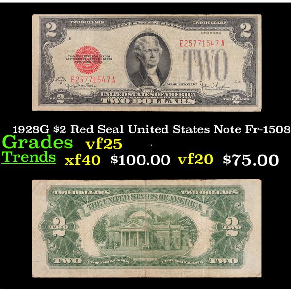 1928G $2 Red Seal United States Note Fr-1508 Grades vf+