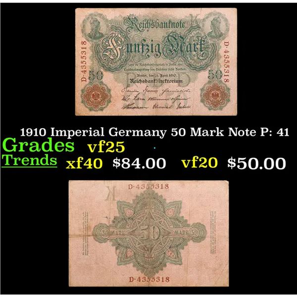 1910 Imperial Germany 50 Mark Note P: 41 Grades vf+