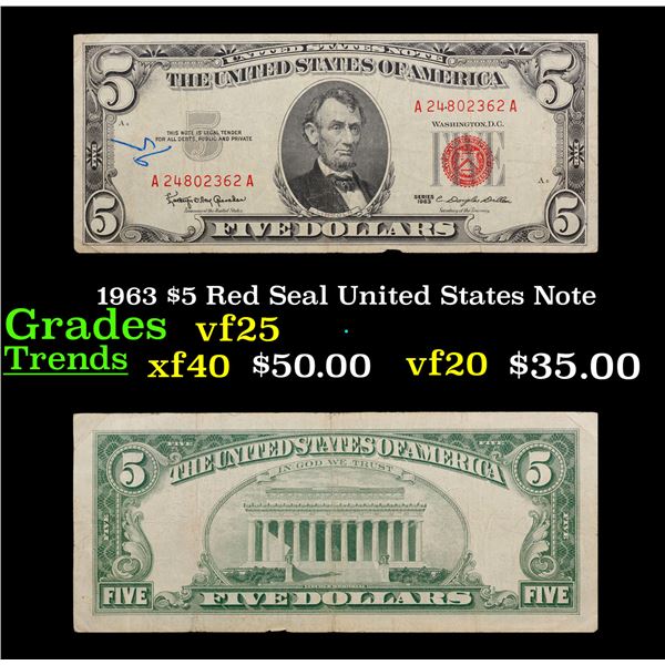 1963 $5 Red Seal United States Note Grades vf+