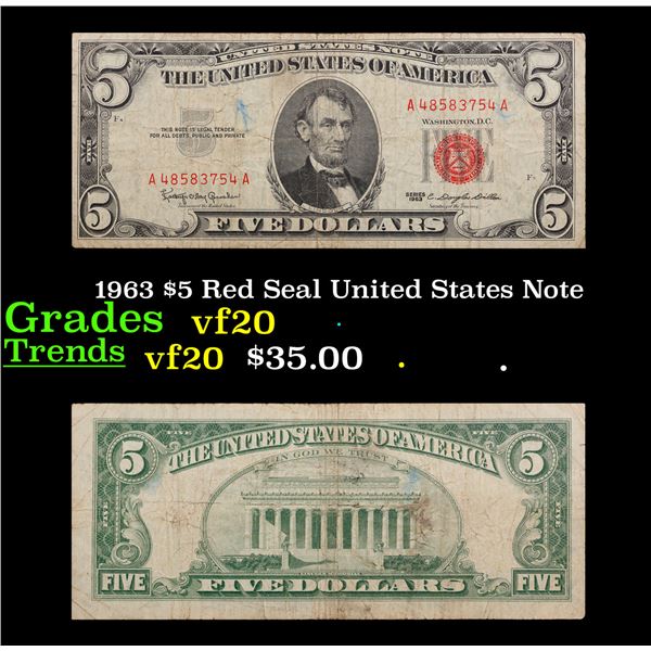 1963 $5 Red Seal United States Note Grades vf, very fine