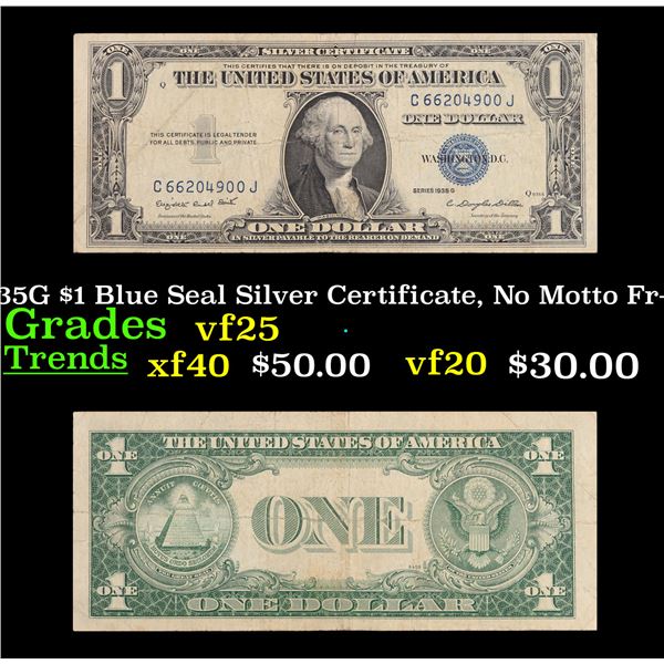 1935G $1 Blue Seal Silver Certificate, No Motto Fr-1616 Grades vf+