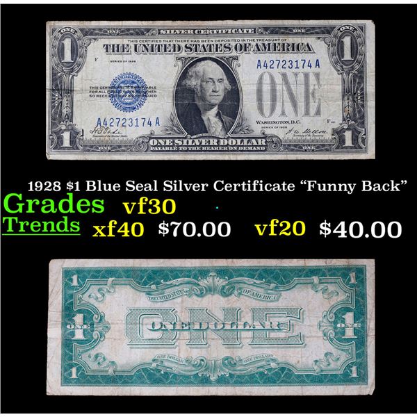 1928 $1 Blue Seal Silver Certificate "Funny Back" Grades vf++