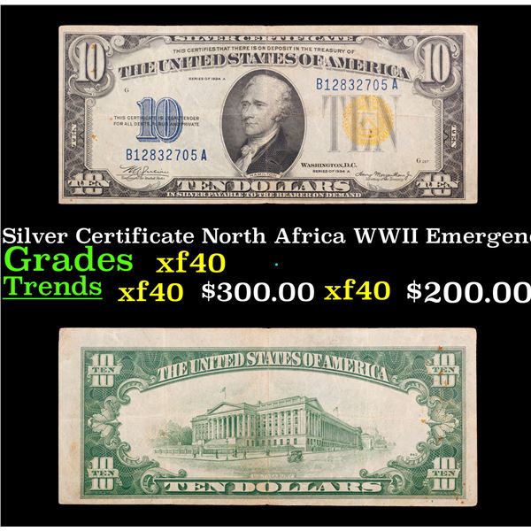 1934A $10 Silver Certificate North Africa WWII Emergency Currency Grades xf