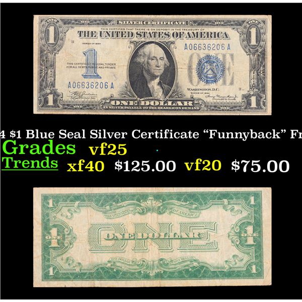 1934 $1 Blue Seal Silver Certificate "Funnyback" Fr-1606 Grades vf+