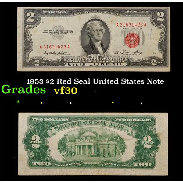 1953 $2 Red Seal United States Note Grades vf++