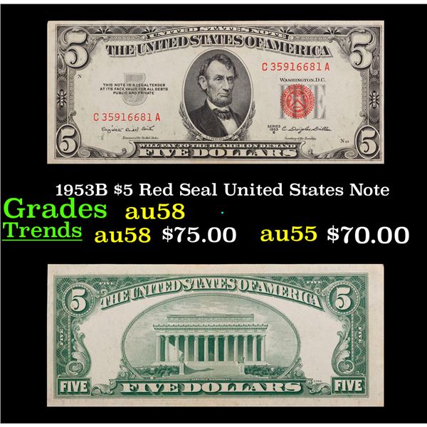 1953B $5 Red Seal United States Note Grades Choice AU/BU Slider
