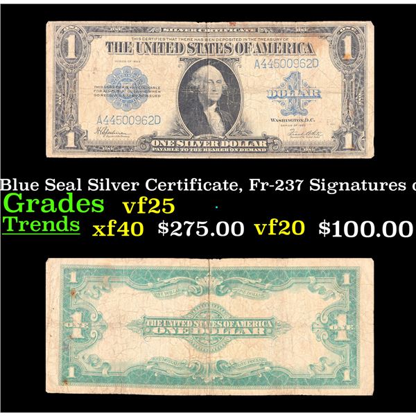 1923 $1 Large Size Blue Seal Silver Certificate, Fr-237 Signatures of Speelman & White Grades vf+