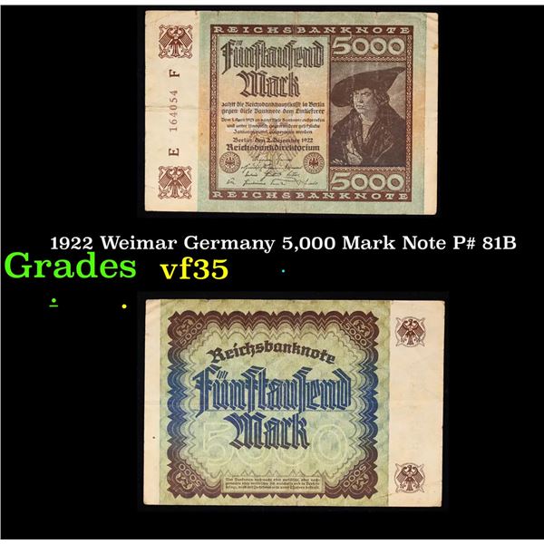 1922 Weimar Germany 5,000 Mark Note P# 81B Grades vf++