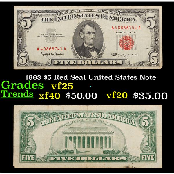 1963 $5 Red Seal United States Note Grades vf+