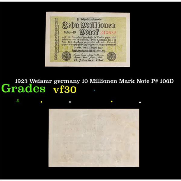 1923 Weimar Germany 10 Millionen Mark Note P# 106D Grades vf++