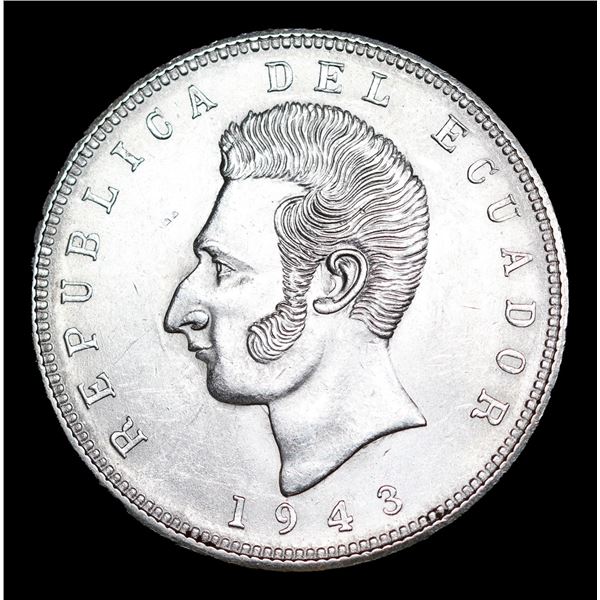 1943 Ecuador 5 Sucres Silver KM# 79 Grades GEM Unc