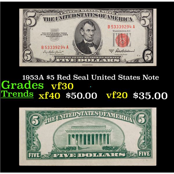 1953A $5 Red Seal United States Note Grades vf++