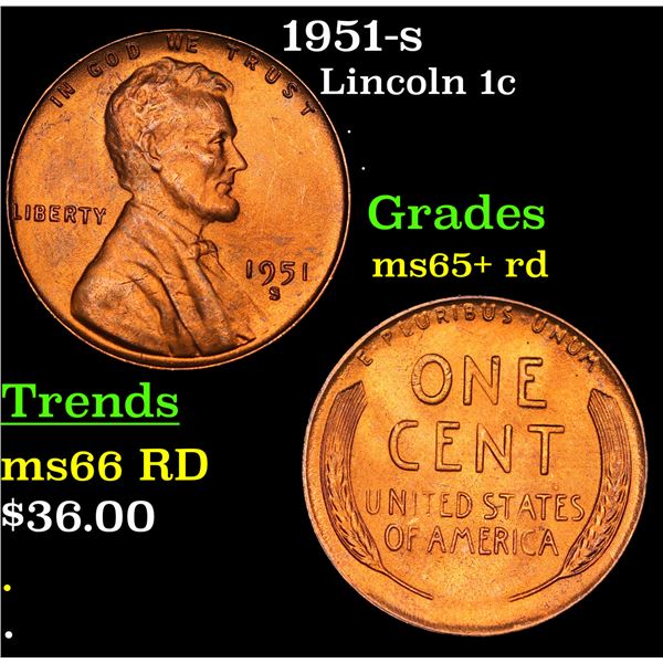 1951-s Lincoln Cent 1c Grades Gem+ Unc RD