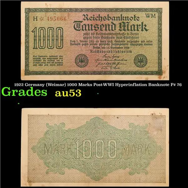1922 Germany (Weimar) 1000 Marks Post-WWI Hyperinflation Banknote P# 76 Grades Select AU