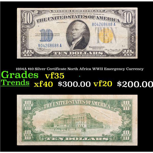 1934A $10 Silver Certificate North Africa WWII Emergency Currency Grades vf++