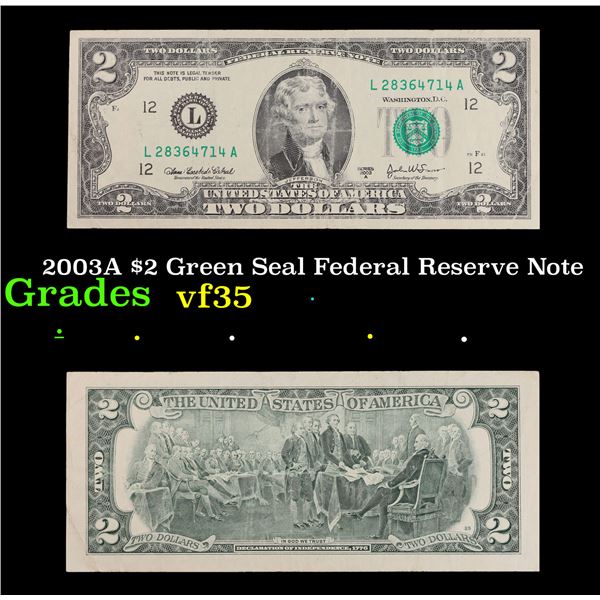 2003A $2 Green Seal Federal Reserve Note Grades vf++